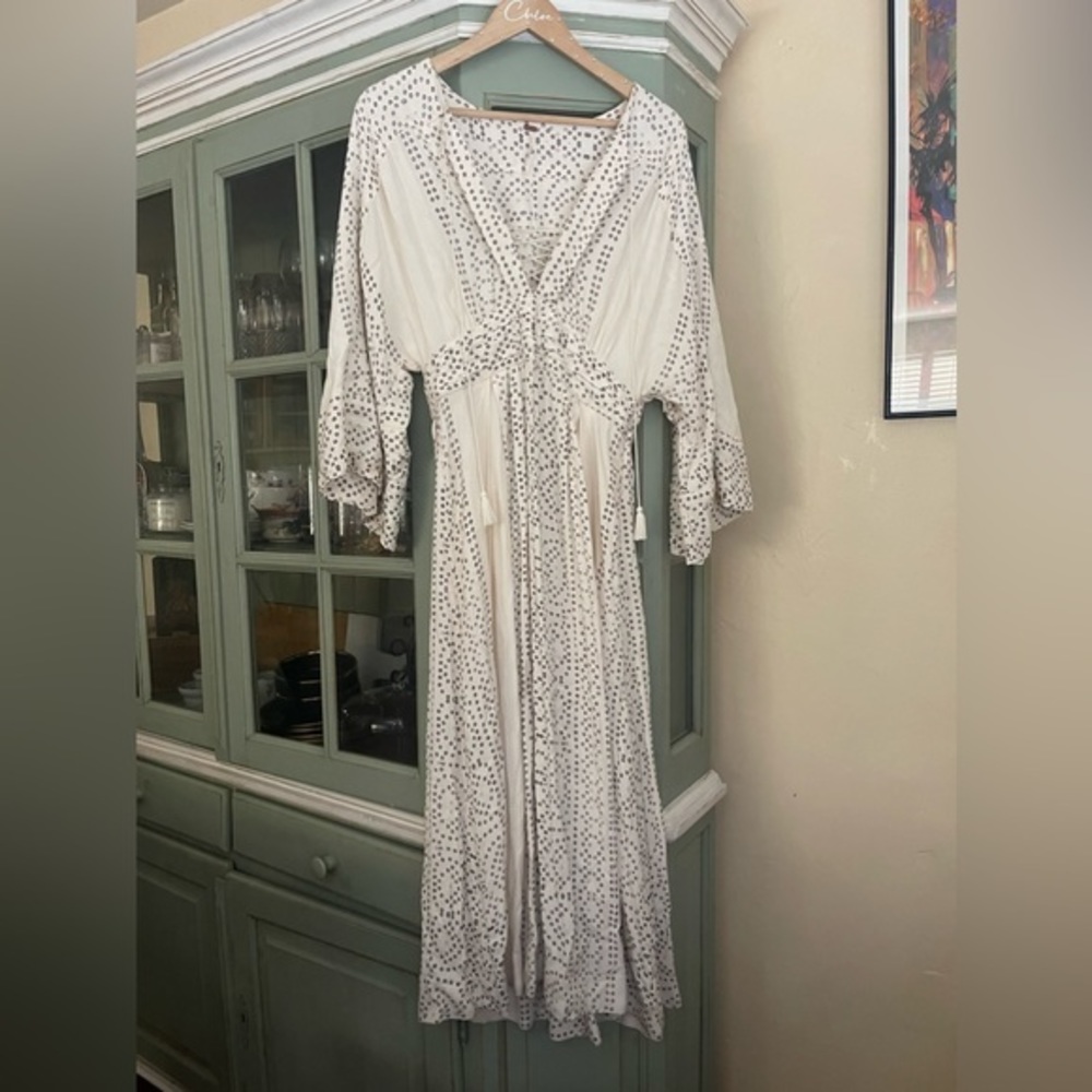 Free people bohemian printed v neck bell‎ sleeve flowy mid length dress w/ tie - Picture 6 of 12